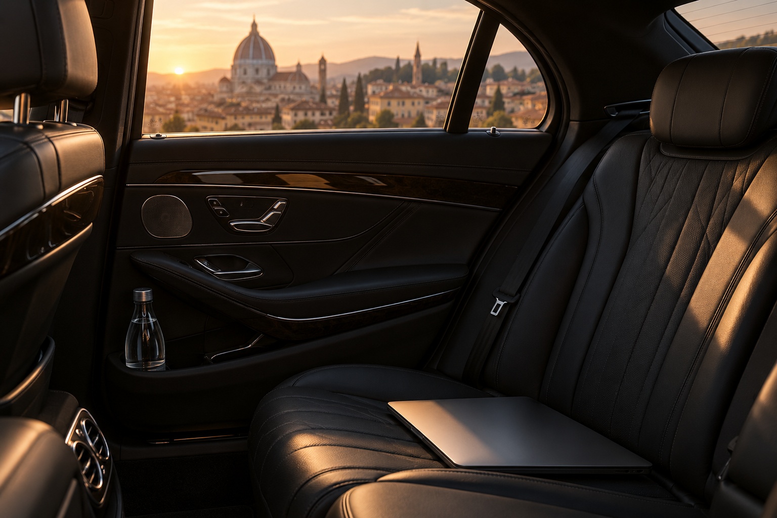 Interno di una berlina di lusso con vista su una città storica al tramonto